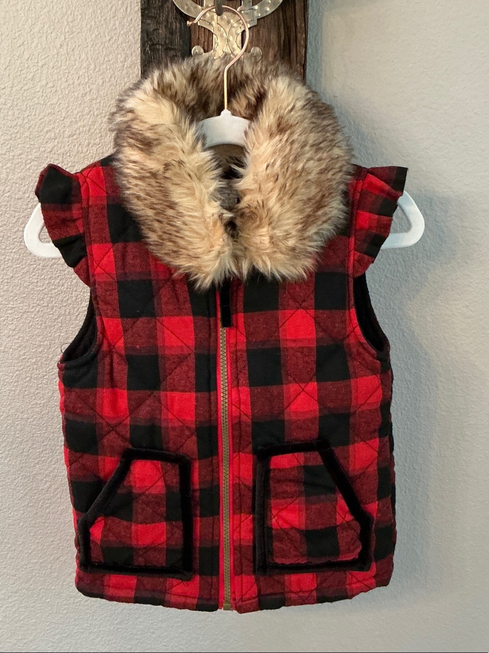 Mud Pie Red & Black Buffalo Plaid Vest with Faux Fur Collar